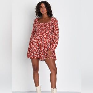 Delightful Dreams Rust Floral Smocked Balloon Sleeve Mini Dress